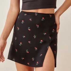 Reformation Black Margot Mini Skirt with Red Flowers